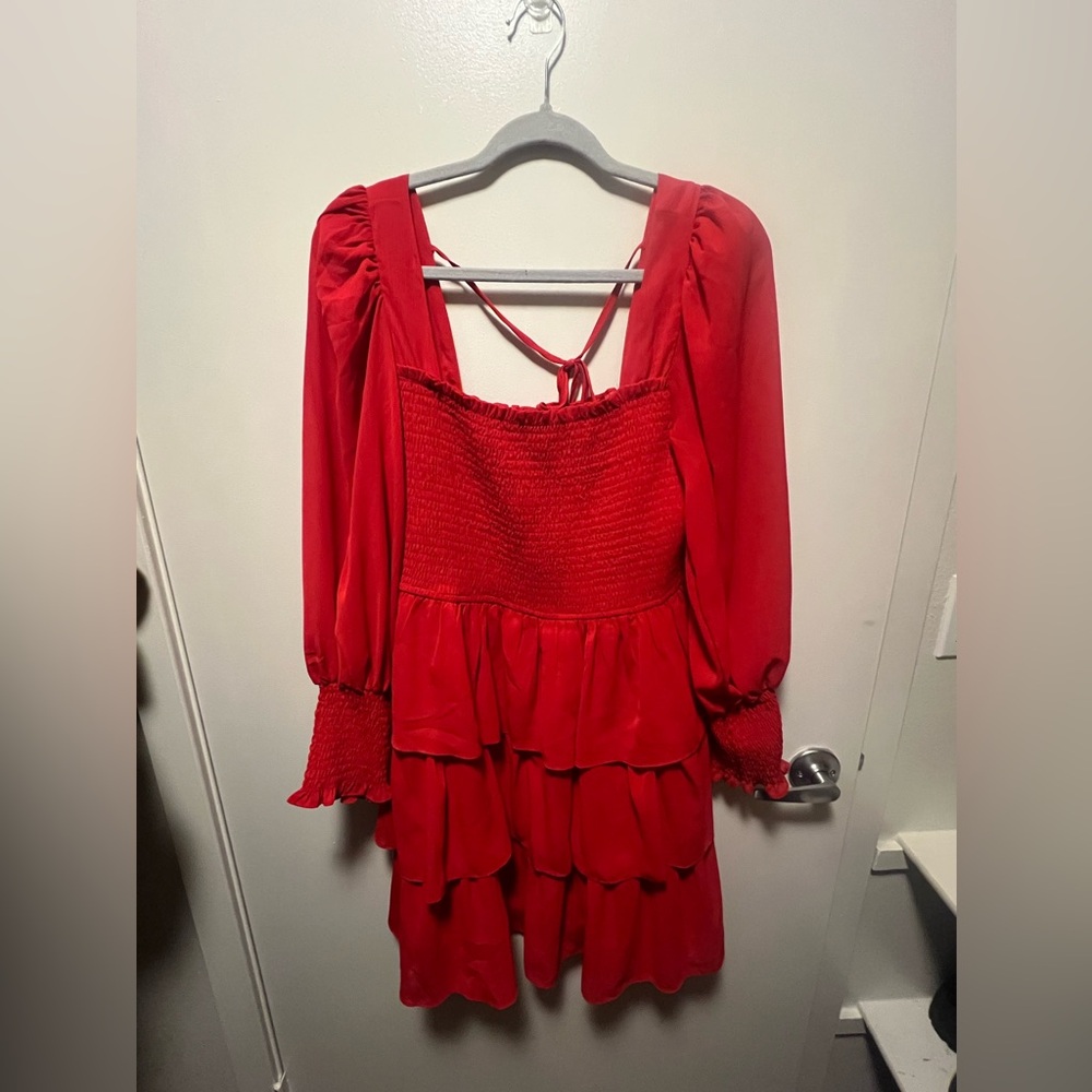 Red Tiered Mini Dress with Long Sleeves and Smicking XXL NWOT